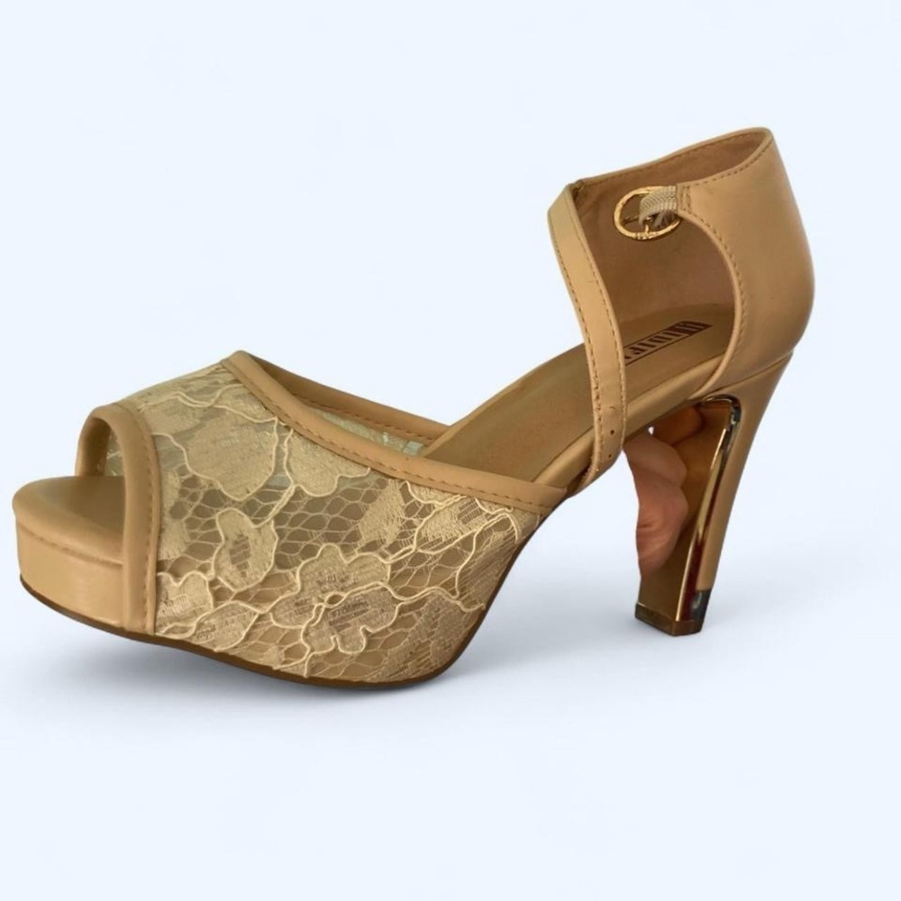 Tan lace peep toe heels with gold buckle #heels Idifu 7.5